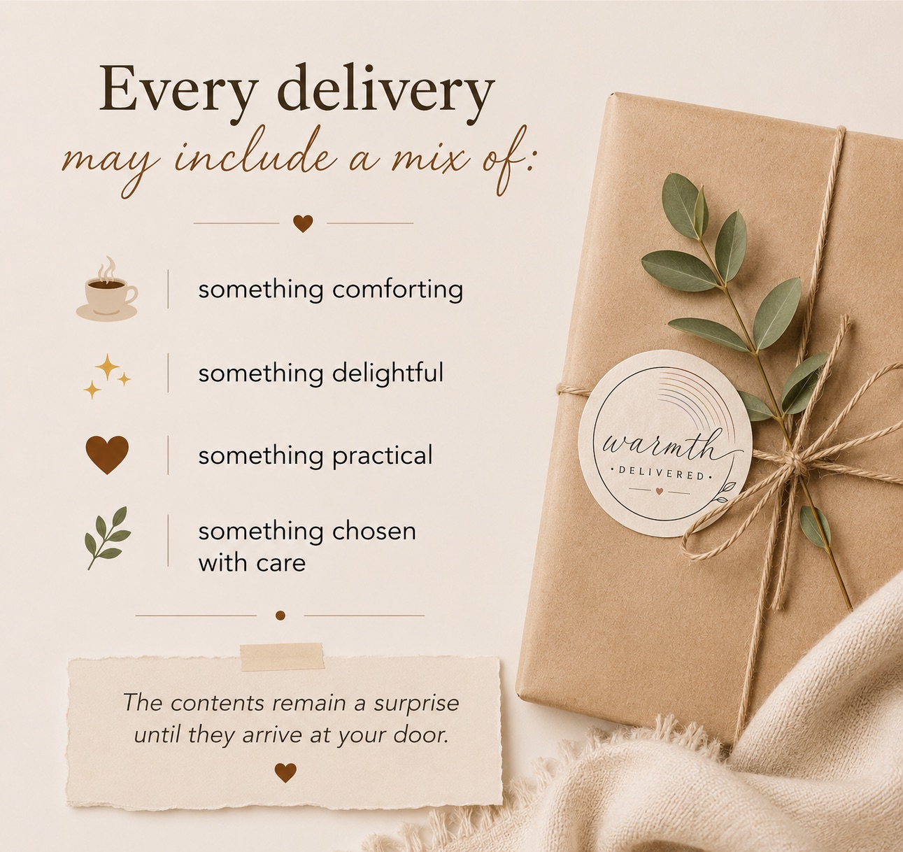 Warmth Delivered wrapped kraft box with eucalyptus and a list of possible contents