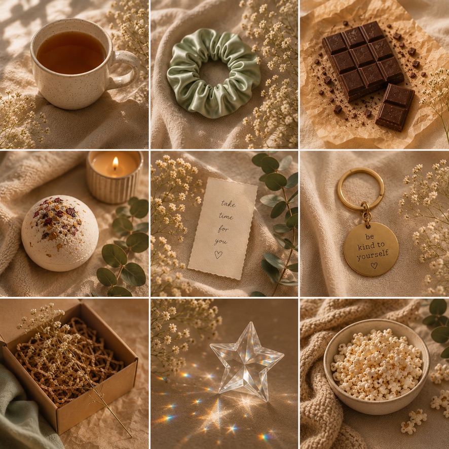 Warm neutral product grid with tea, self-care items, chocolate, flowers, and packaging